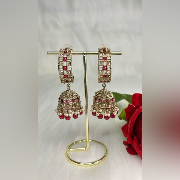Elegant Hot Pink And Gold Jhumka Earrings - Picture 8 of 8